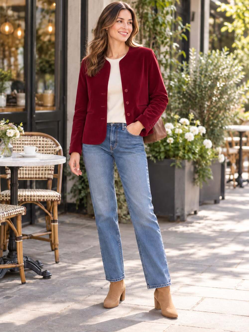 Claybrook Merlot Red Velvet Collarless Button Front Jacket